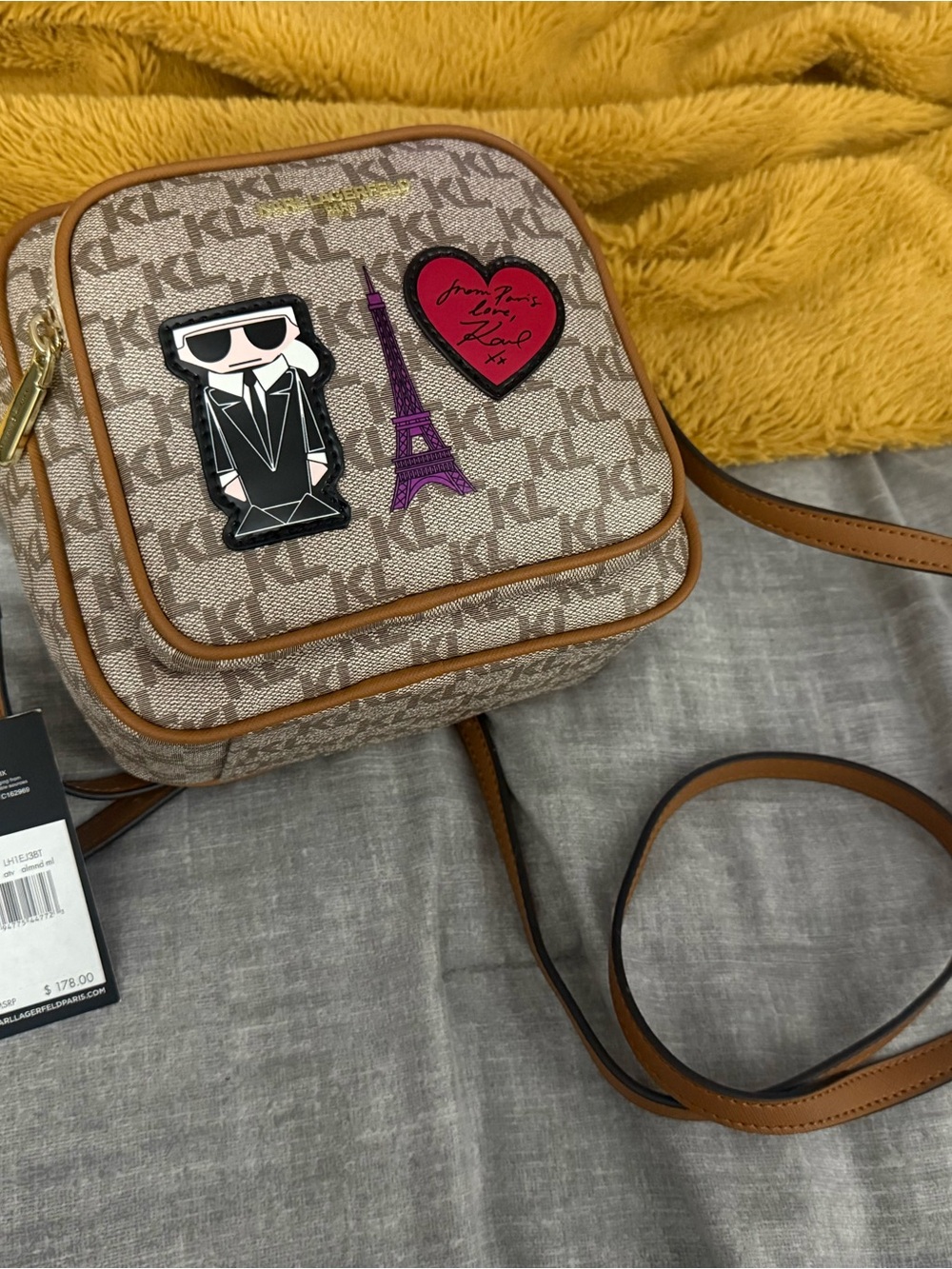 Karl Lagerfeld Beige Monogram Crossbody with Brown Trim and Black Patch